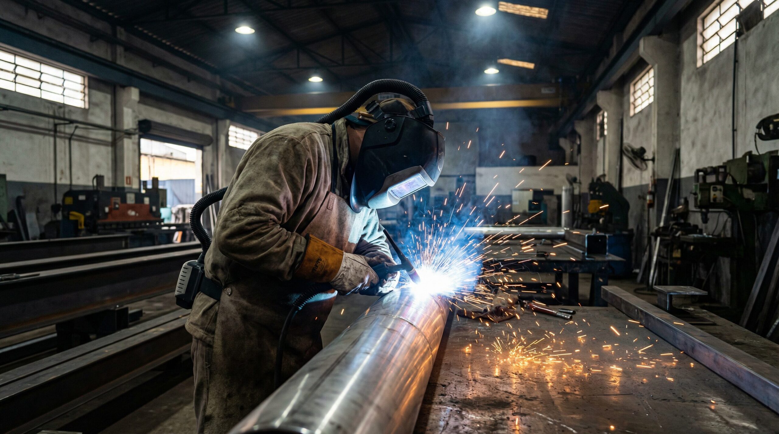 Soldador realizando solda TIG com argônio em metalúrgica na Bahia