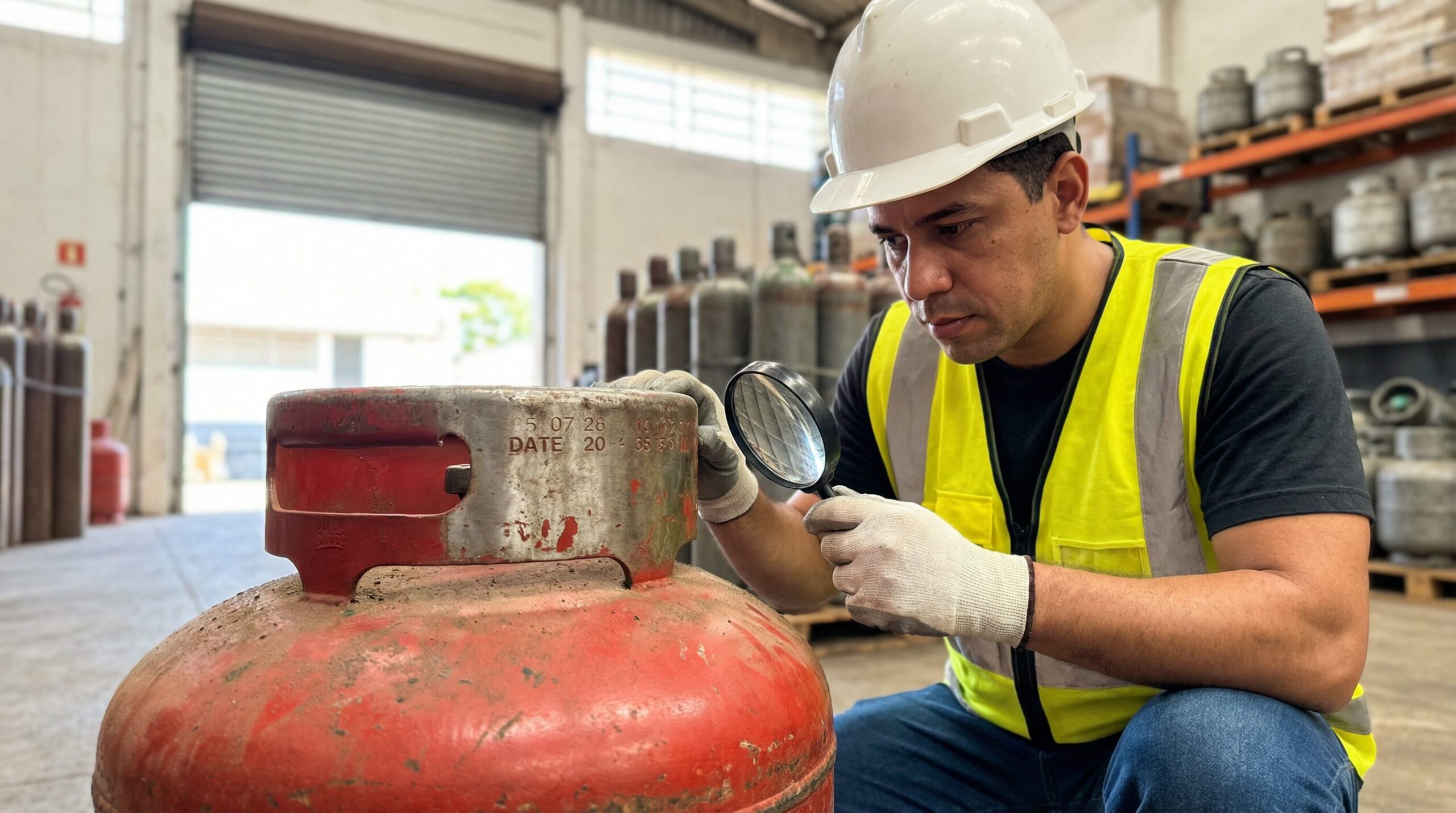 cilindro de gás prazo de reteste segurança - técnico inspecionando cilindro industrial na Bahia
