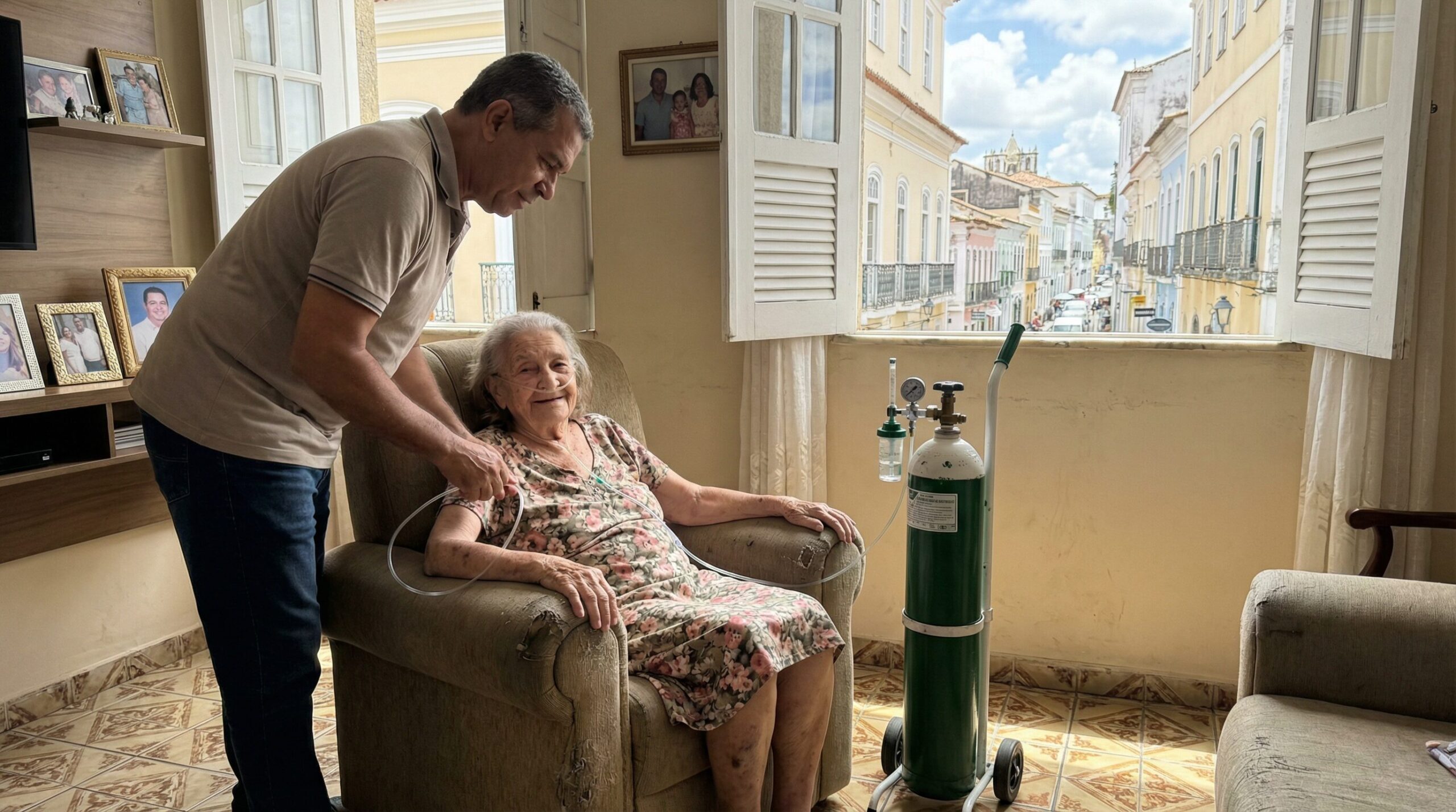 oxigenoterapia domiciliar Bahia - paciente idosa recebendo oxigênio medicinal em casa em Salvador